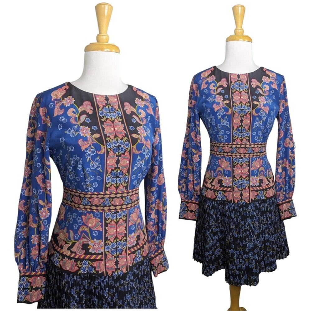 Saloni Vera Mini Dress Sea Stems 4 Floral Pleated Skirt Long Sleeve NEW